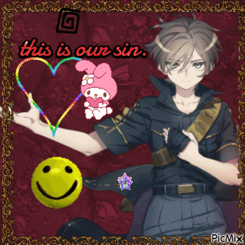 a picture of a man with a smiley face and a heart with the words this is our sin