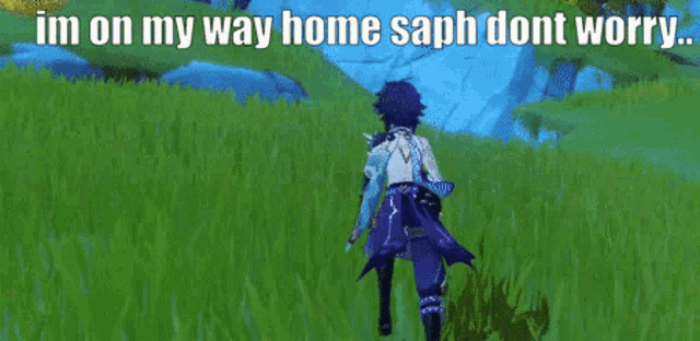 a video game character is holding a sword in a field .