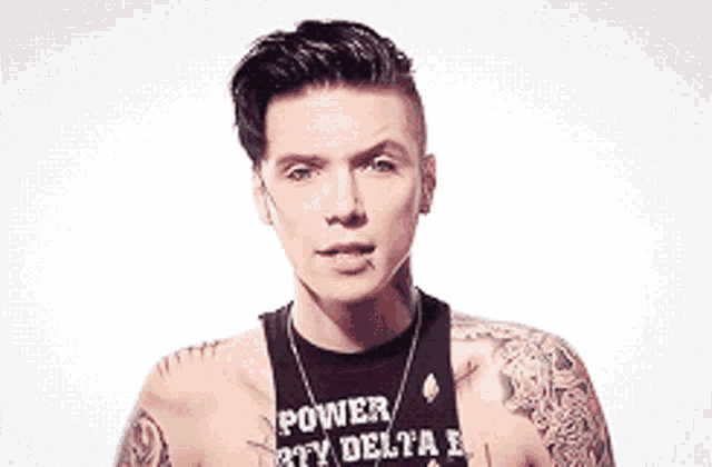 a shirtless man is wearing a black tank top that says power delta e.
