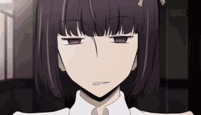 a close up of a girl with purple hair and a white shirt