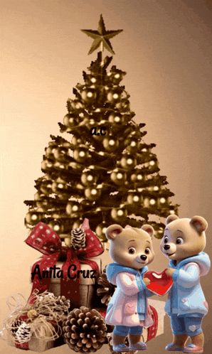 two teddy bears are standing in front of a christmas tree with anita cruz written on the bottom