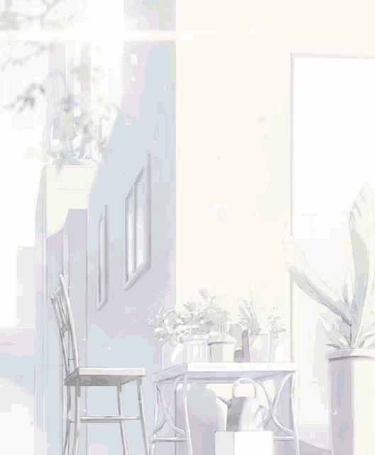 a chair is sitting next to a table with potted plants on it in a room .
