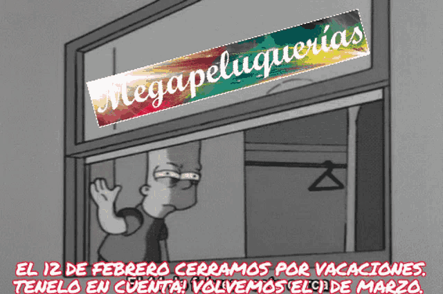 a cartoon of bart simpson looking out of a window with a mega peluqueria sign above him