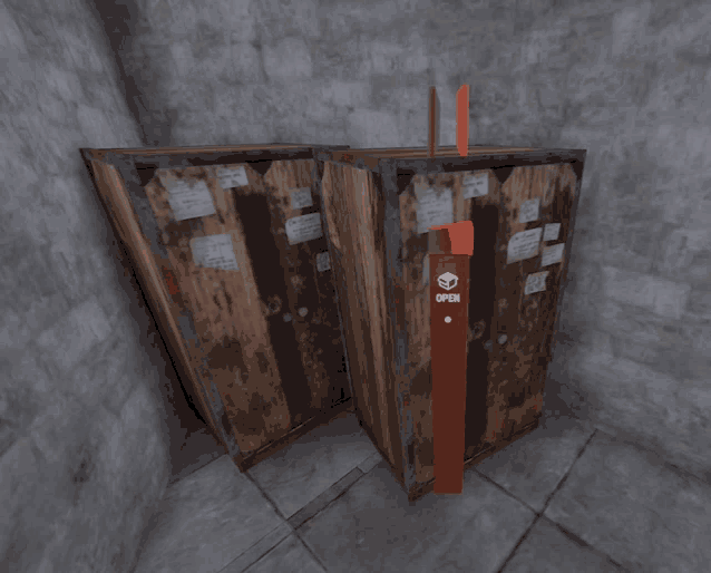 two wooden cabinets with a red handle that says open on it
