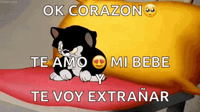 a cartoon cat sitting next to a yellow pillow that says ok corazon