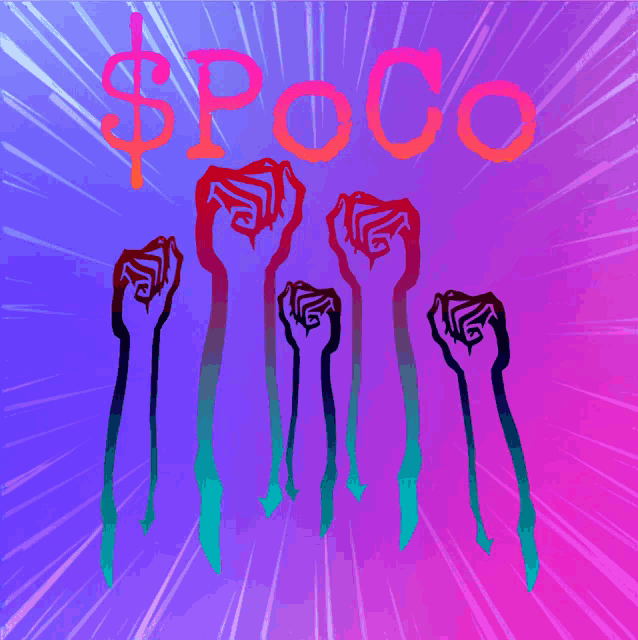 a bunch of fist raised in the air with the word poco in the background