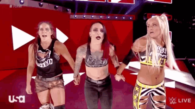 three female wrestlers are holding hands in a ring with the usa logo in the background .