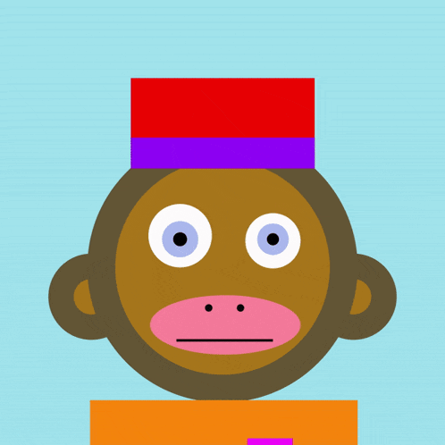 a cartoon monkey with a red and purple hat on top of its head