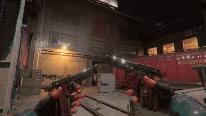a person is holding two guns in front of a building that has a sign on it that says ' a ' on it