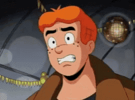 a cartoon character with red hair and a brown jacket
