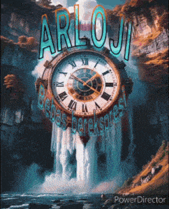 a poster with a waterfall and a clock that says " arloji "
