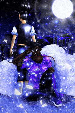 a cartoon drawing of two people standing in the snow