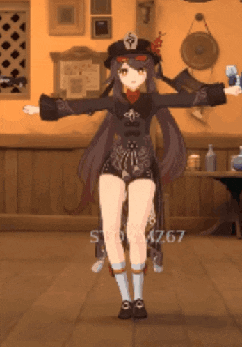 a video game character is dancing in a room with the number 4767 on the floor behind her