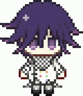 a pixel art of a person with purple hair and a checkered jacket .