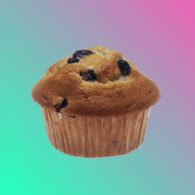 a close up of a blueberry muffin with a pink and blue background