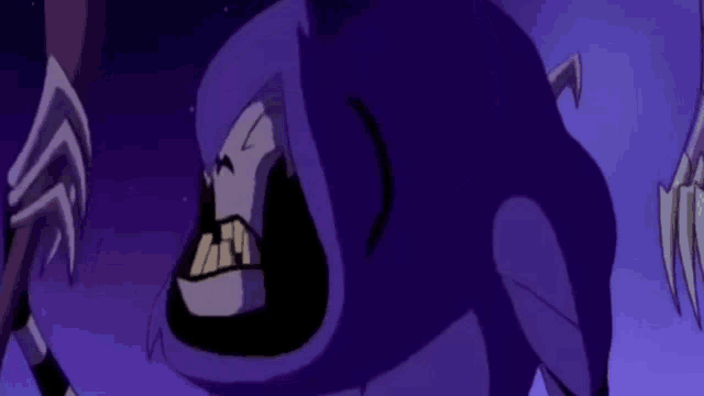 a cartoon character with purple eyes and the words excuse me ?