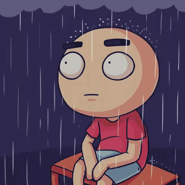 a cartoon character is sitting in the rain with a lightning bolt coming from his head