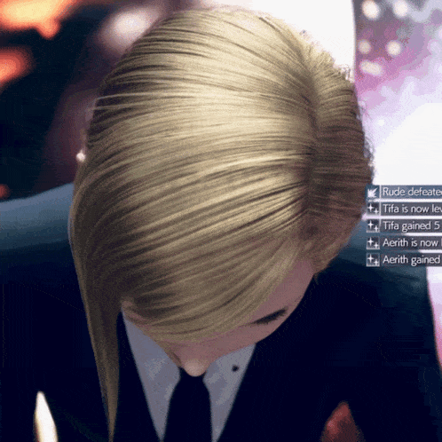 a man in a suit and tie with rude defeated tifa is now level 5 and aerith is now level 1