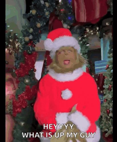 a person dressed as grinch is standing in front of a christmas tree and says " hey yy what is up my guy "
