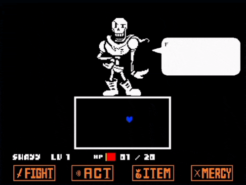 a skeleton in a video game with a speech bubble saying " fuck "