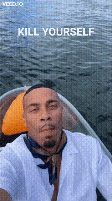 a man in a boat with the words " kill yourself " above him