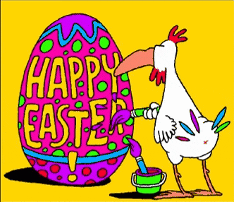 a chicken paints an easter egg with the words happy easter on it