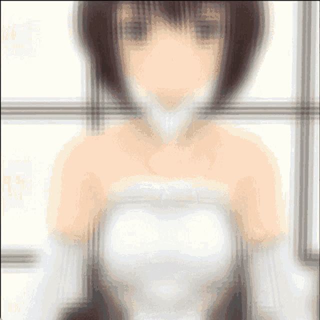 a blurry picture of a girl in a white dress and white gloves