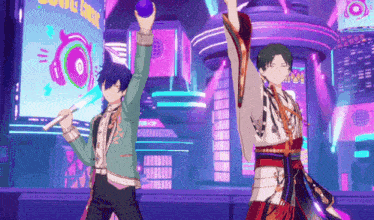 a couple of anime characters are dancing in front of a sign that says ' souls ' on it