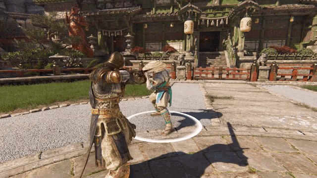 two warriors are fighting in front of a building with lanterns