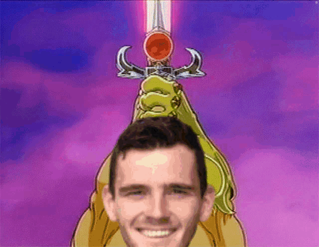 a cartoon of a man holding a sword on his head