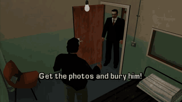 a man in a suit and tie stands in a room with the words get the photos and bury him