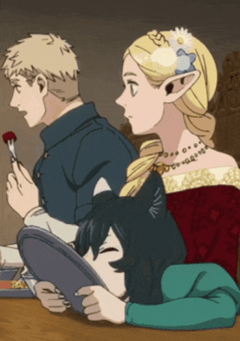 a couple of anime characters sitting at a table with a girl sleeping