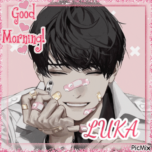a picture of a boy with bandages on his face and the words good morning luka on the bottom