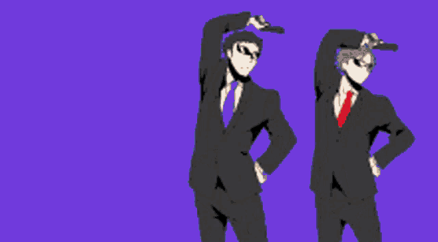 two anime characters in suits and ties are standing next to each other on a yellow background