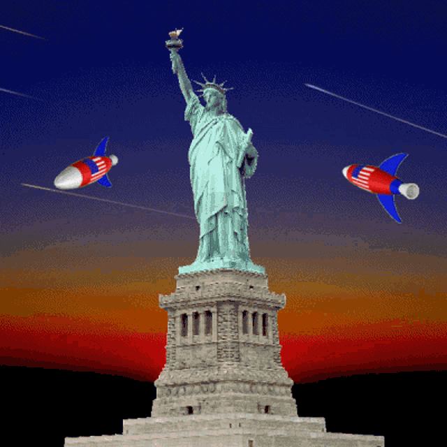 the statue of liberty is surrounded by missiles flying in the air