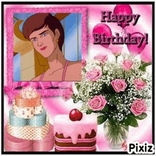 a happy birthday card with a picture of a woman , flowers , a cake and balloons .