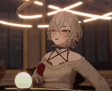 a girl with glasses and a choker is standing in a room