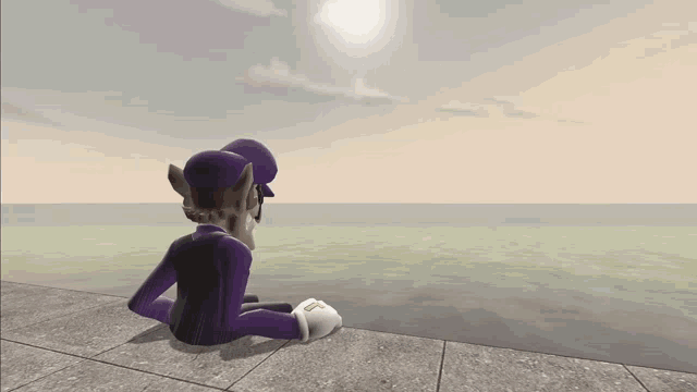 a cartoon character with a purple hat and gloves is sitting on a sidewalk looking at the ocean