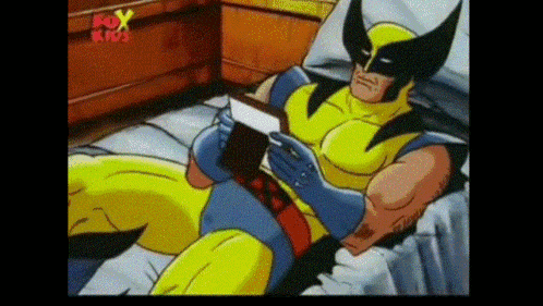 a cartoon of wolverine reading a book with the fox kids logo in the background