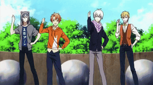 a group of anime characters are standing next to each other in front of a fence .
