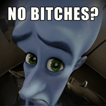 a picture of a cartoon character with the words " no bitches " on it