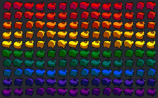 a rainbow of colored among us characters on a black background