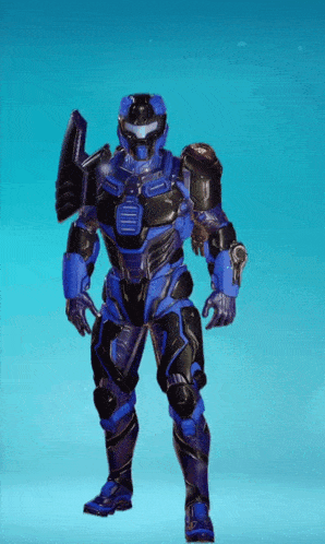 a blue and black robot with a shield