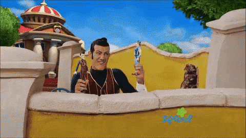 a man in a red vest is holding a sword in front of a wall that says sprout