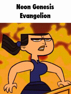 a cartoon of a woman standing in front of a podium with neon genesis evangelion written on the bottom .