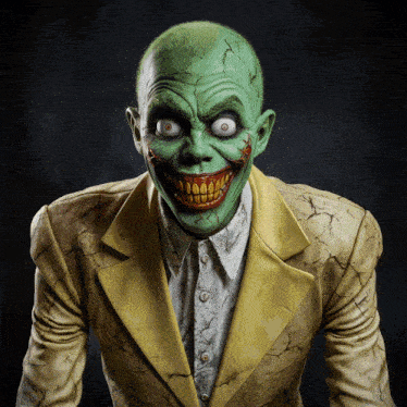a man with a green face and big teeth is wearing a yellow jacket and white shirt