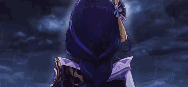 a girl with long black hair and purple eyes is standing in the rain .