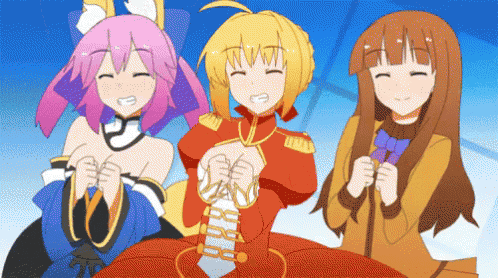 a group of anime girls are standing next to each other with one wearing a red dress
