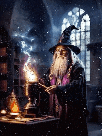 a wizard with a beard and a witch hat is casting a spell in a castle .