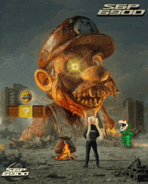 a man stands in front of a giant mario statue with the words sep 6900 below him